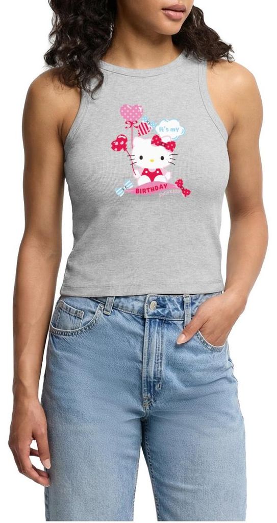 Spreadshirt Hello Kitty Mit Ballons Mein Geburtstag Cropped Frauen Organic Tank Top, L, Grau meliert