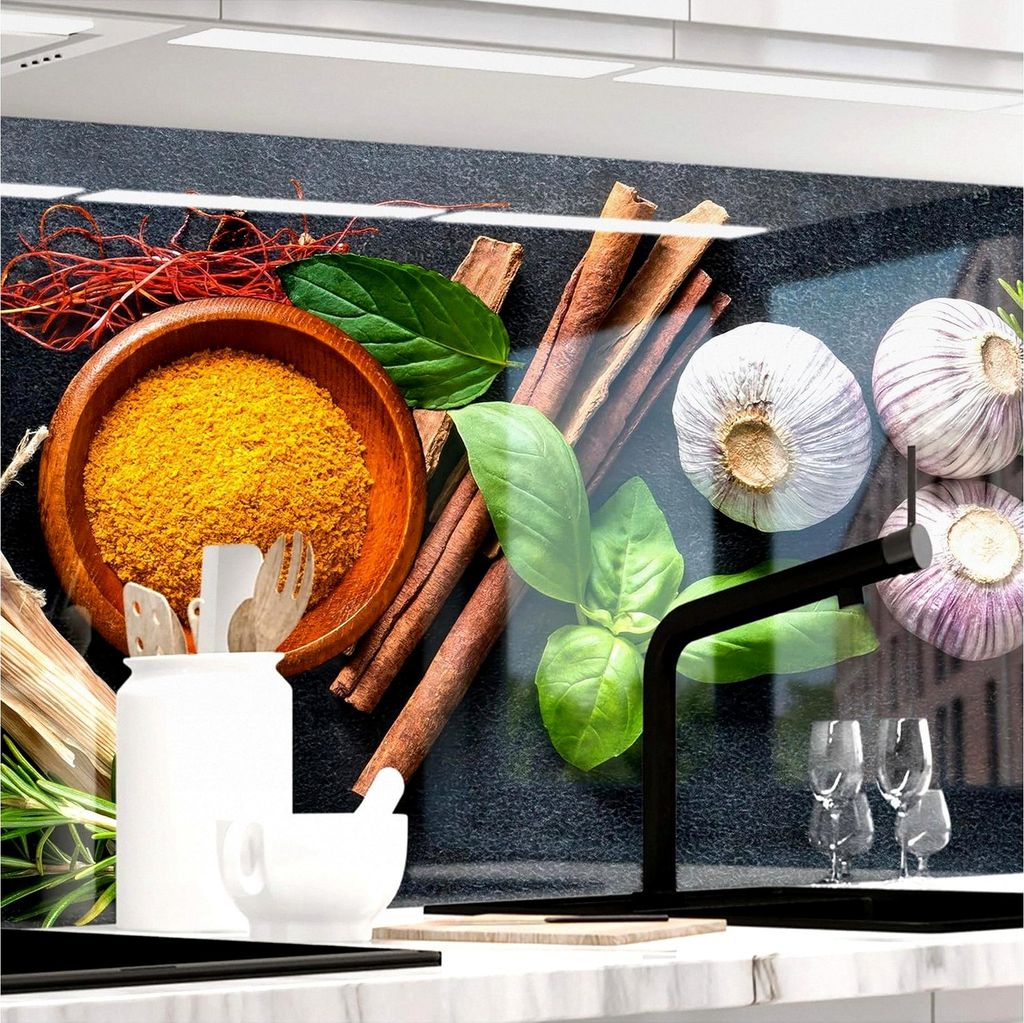 Selbstklebende Küchenrückwand aus Glasoptik, verstärkt, für alle Untergründe, 1,8 mm Rückwand für die Küche, Gewürzschalen, 60 x 280 cm
