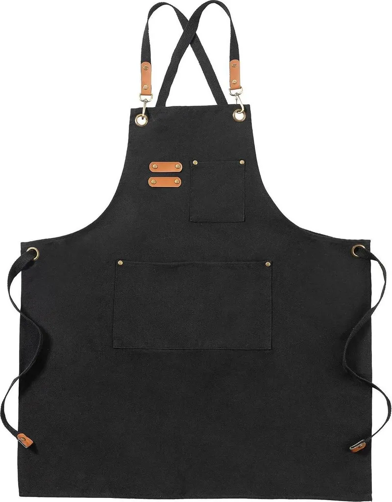 Grembiule di tela nero per uomo e donna, tracolla regolabile, 3 tasche, incrocio sul retro