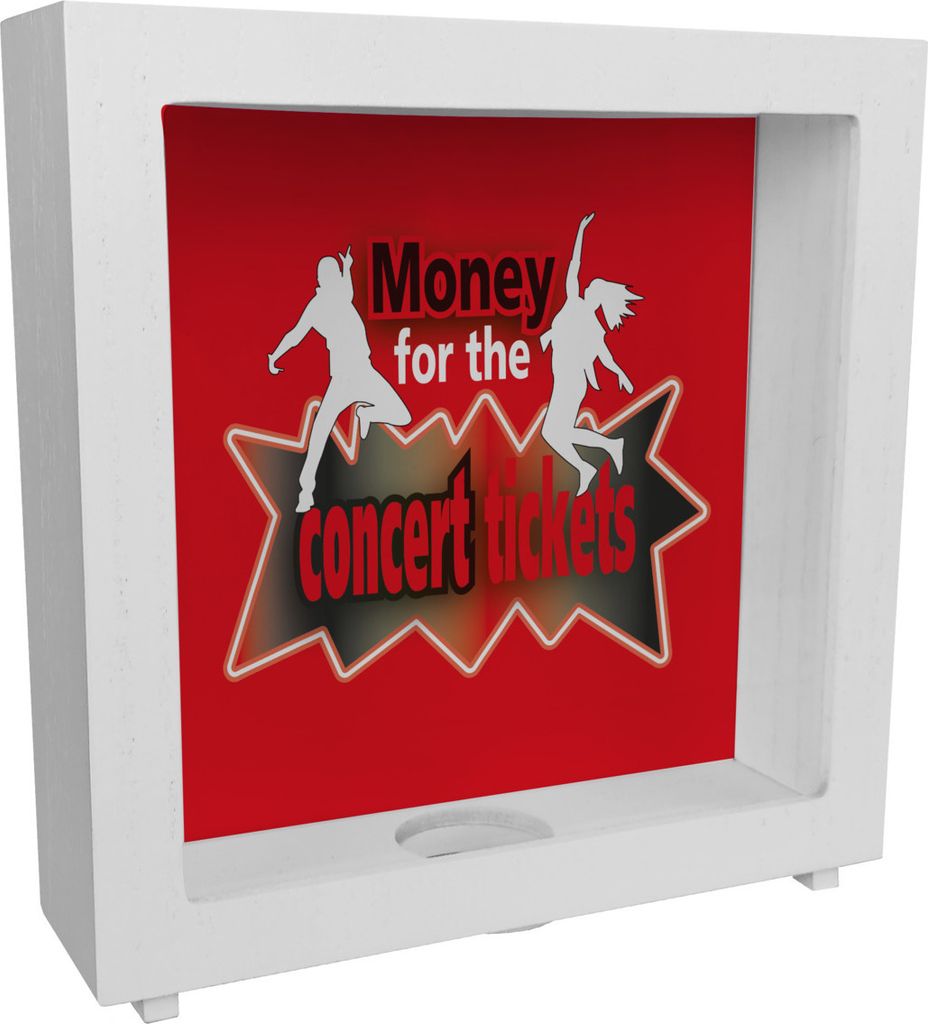 Rahmen Spardose aus Holz für Konzertkarten mit Tänzer Motiv und Spruch in Rot