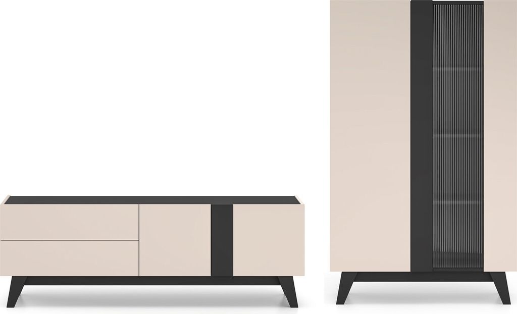 Wohnzimmer-Set Freshion Wohnwand Ausführung wählbar Kaschmir schwarz