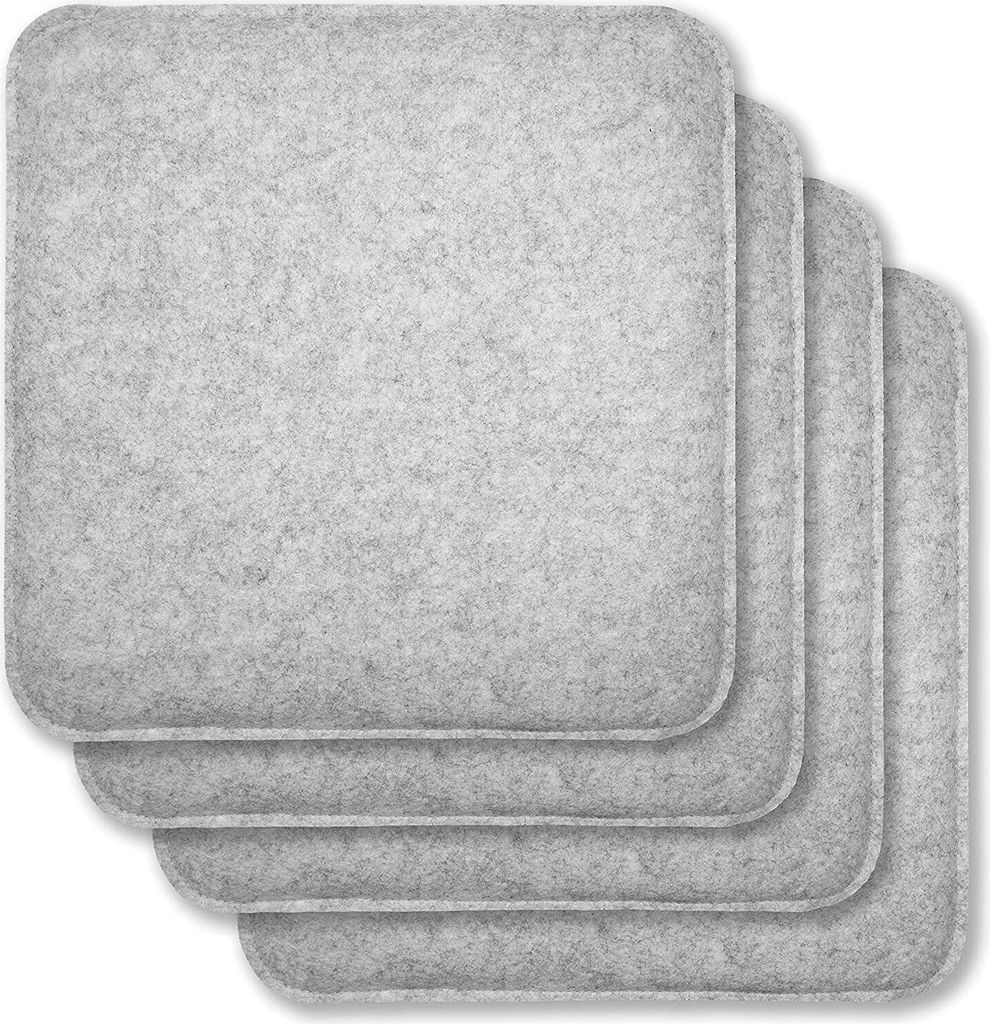 RUBBERNECK Auflagekissen Rutschfeste Filz Sitzkissen eckig, 4er Set Stuhlkissen mit Antirutsch-Noppen, waschbar bei 30°, hellgrau