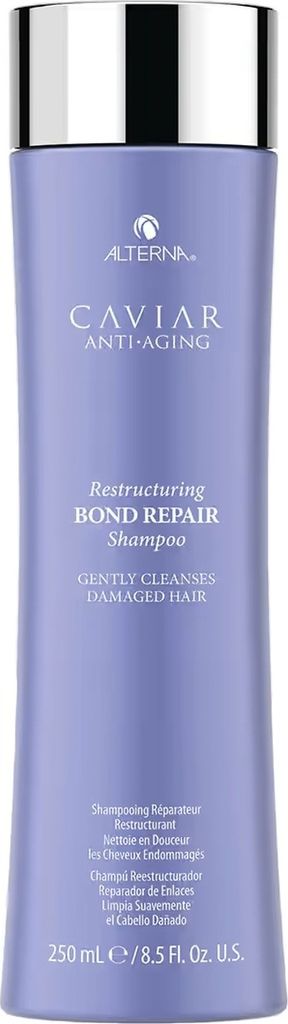 A product shot of a bottle of Alterna Caviar Anti-Aging Restructuring Bond Repair Shampoo.