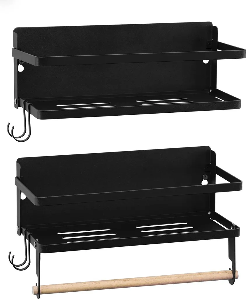 Mensole da Cucina Nere Portaspezie - Set 2 Pezzi con Barra e Ganci Mobili