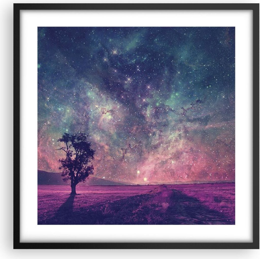 Gerahmtes Poster - Schwarzer Rahmen - Kosmos Baum Wiese - 50x50 cm - Wand Bild - Wanddeko - Wandbilder - Kunstposter - Wandposter - Bilderrahmen - ...