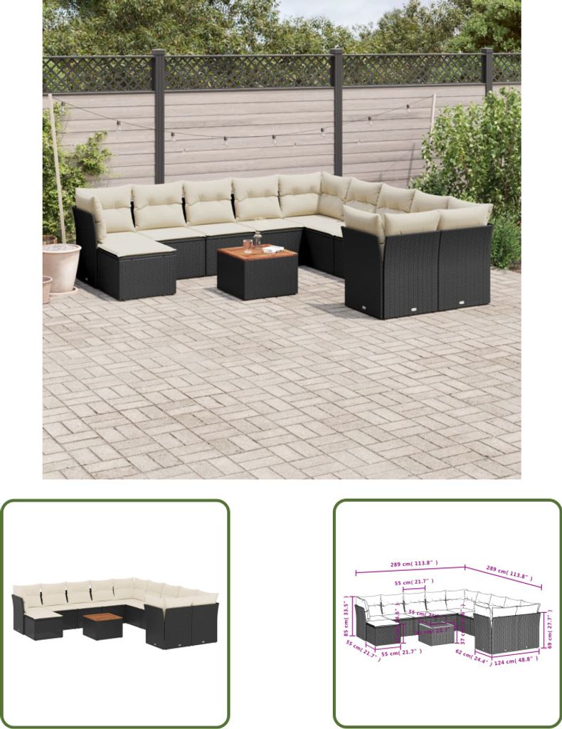 The Living Store 12-tlg. Garten-Sofagarnitur mit Kissen Schwarz Poly Rattan