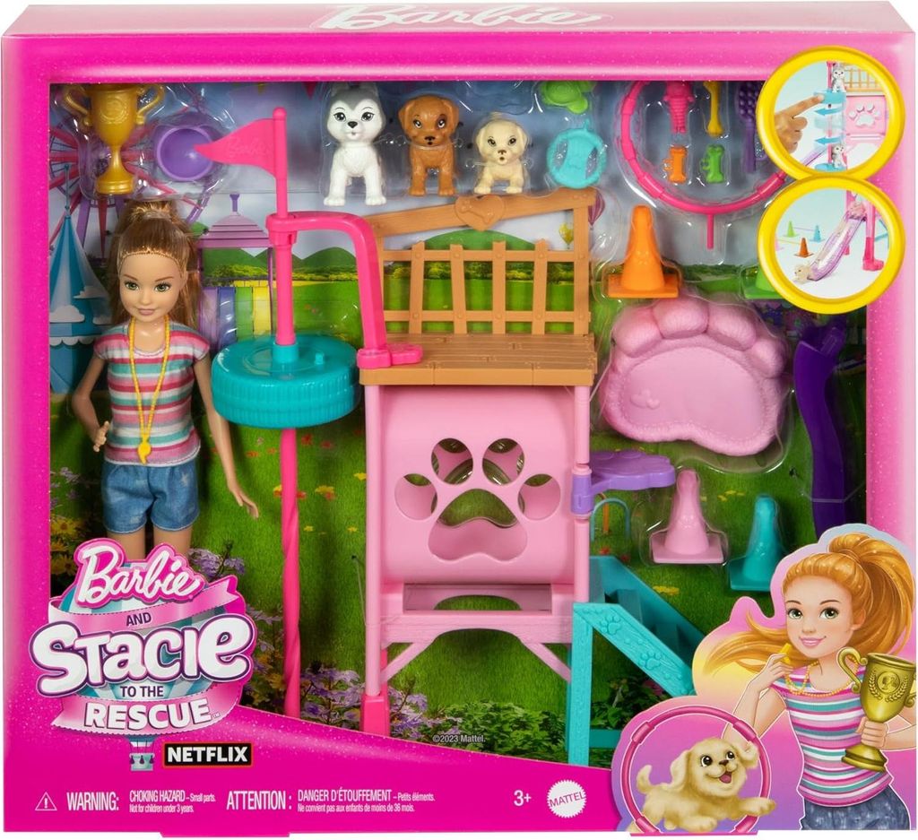 A Barbie and Stacie doll playset with dog accessories, packaged in a pink box.