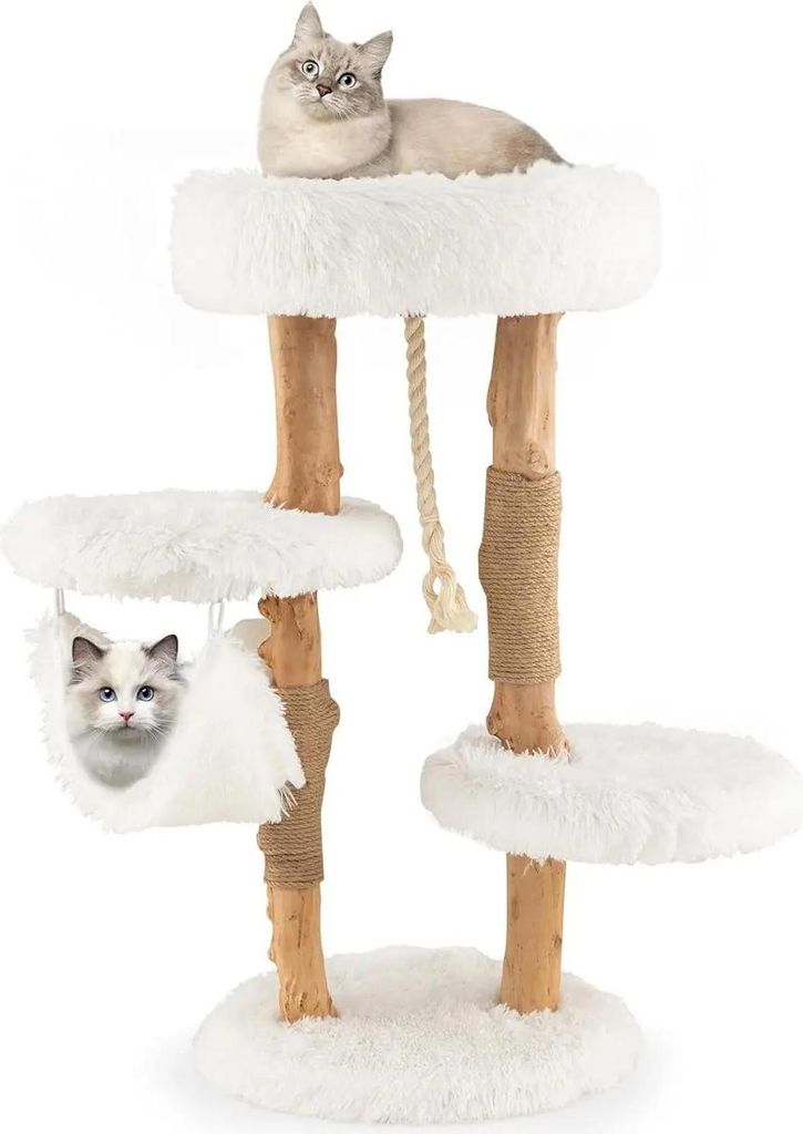 Kratzbaum für Katzen - Kletterbaum - 4 Ebenen - Hängematte - Plattform & Liegeplatz - Jute-Kratzsäulen - Holz - 41 x 41 x 87 cm