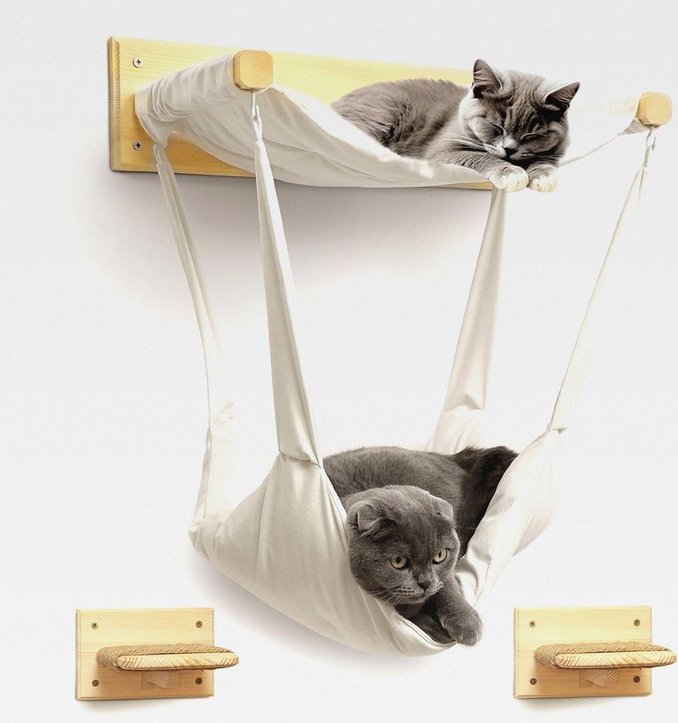 myHANA Kletterwand für Katzen aus Massivholz – inkl. 2X Katzentreppe & Hängematte | Katzenmöbel Set Wand | Katzenbett & Kratzbaum Wandmontage|...