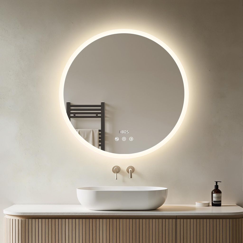 Heilmetz LED Badspiegel Rund 70 cm mit Bluetooth Lautsprecher, Badezimmerspiegel Beleuchtet & Beschlagfrei, Dimmbar, Touch, Uhr & Temperatur