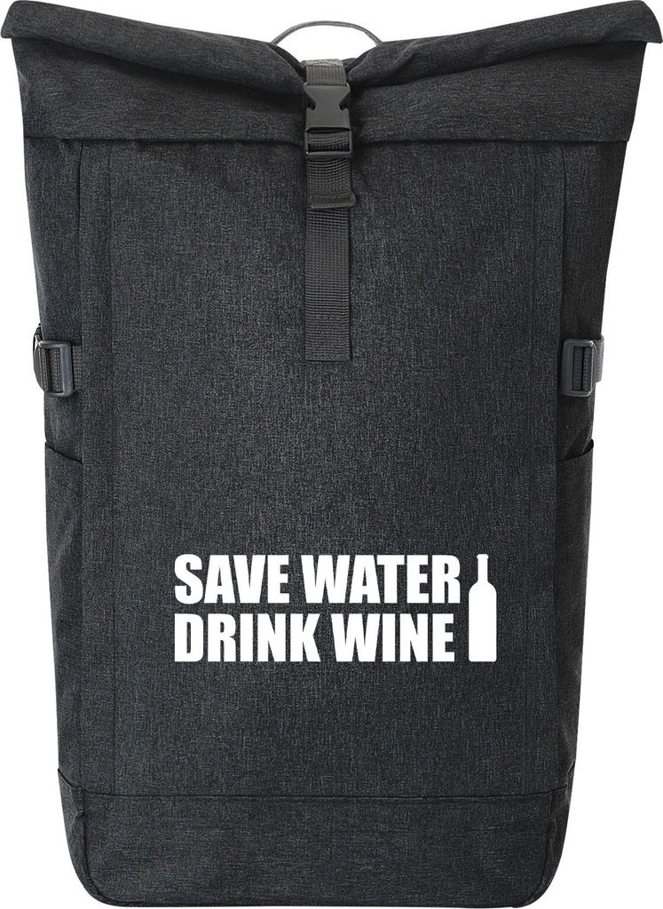 Huuraa Kurierrucksack Save Water Drink Wine Weinflasche 30-44 Liter Black Melange Fairtrade Rolltop Rucksack Geschenkidee