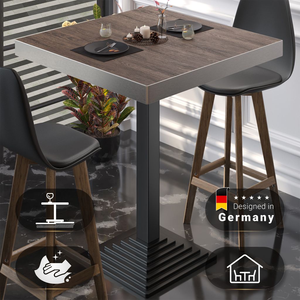 BPY | Bistro Stehtisch | 80 x 80 x 114 cm | Edelstahl Rand | Quadratisch | Light Wenge / Schwarz | Gastro Steh Tisch Restaurant