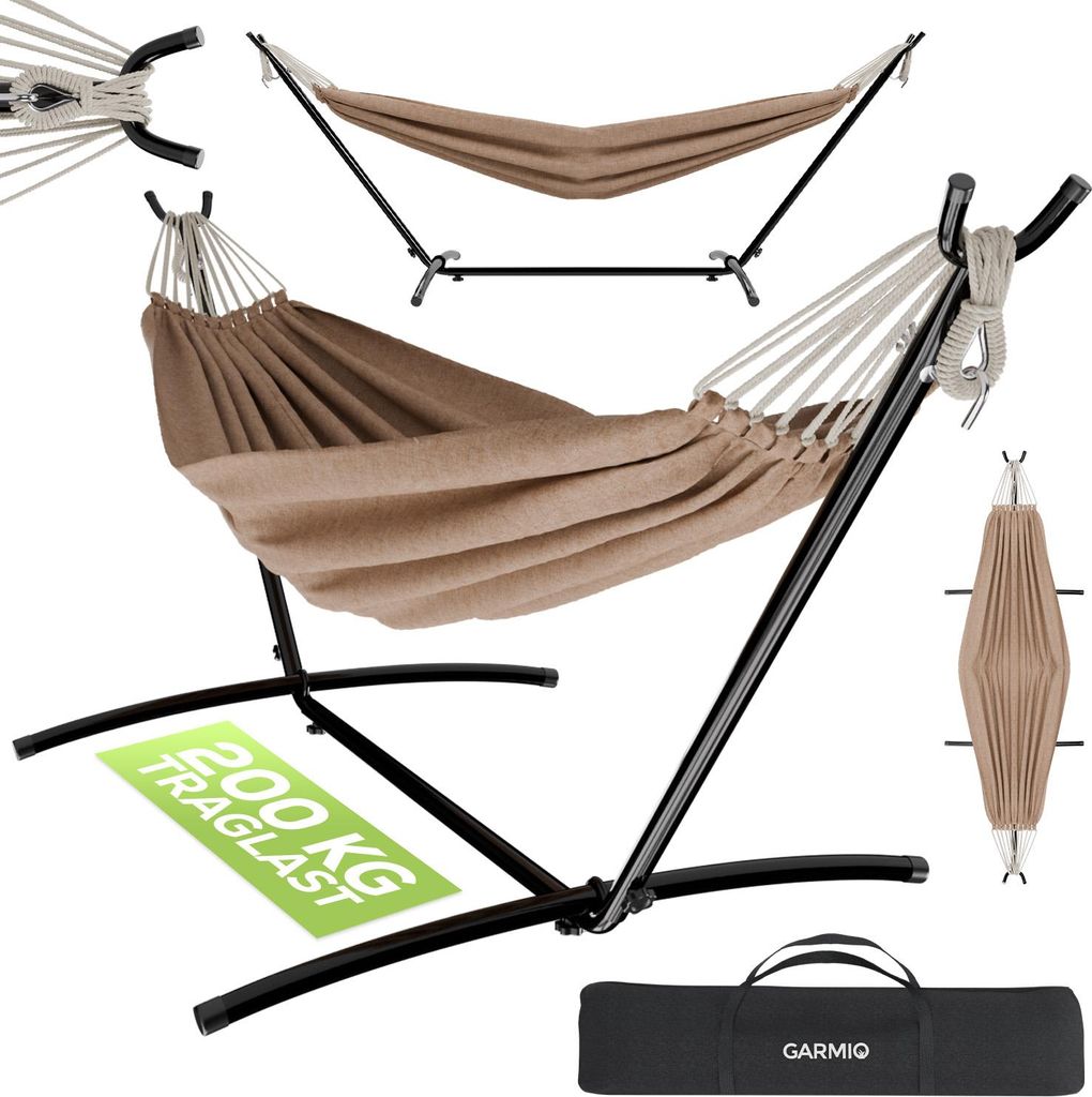 GARMIO Hängematte braun mit Stahlrohrgestell 270 x 110 x 105 cm, 200 kg Tragkraft, wetterfest, klappbar, inkl. Zubehör & Transporttasche