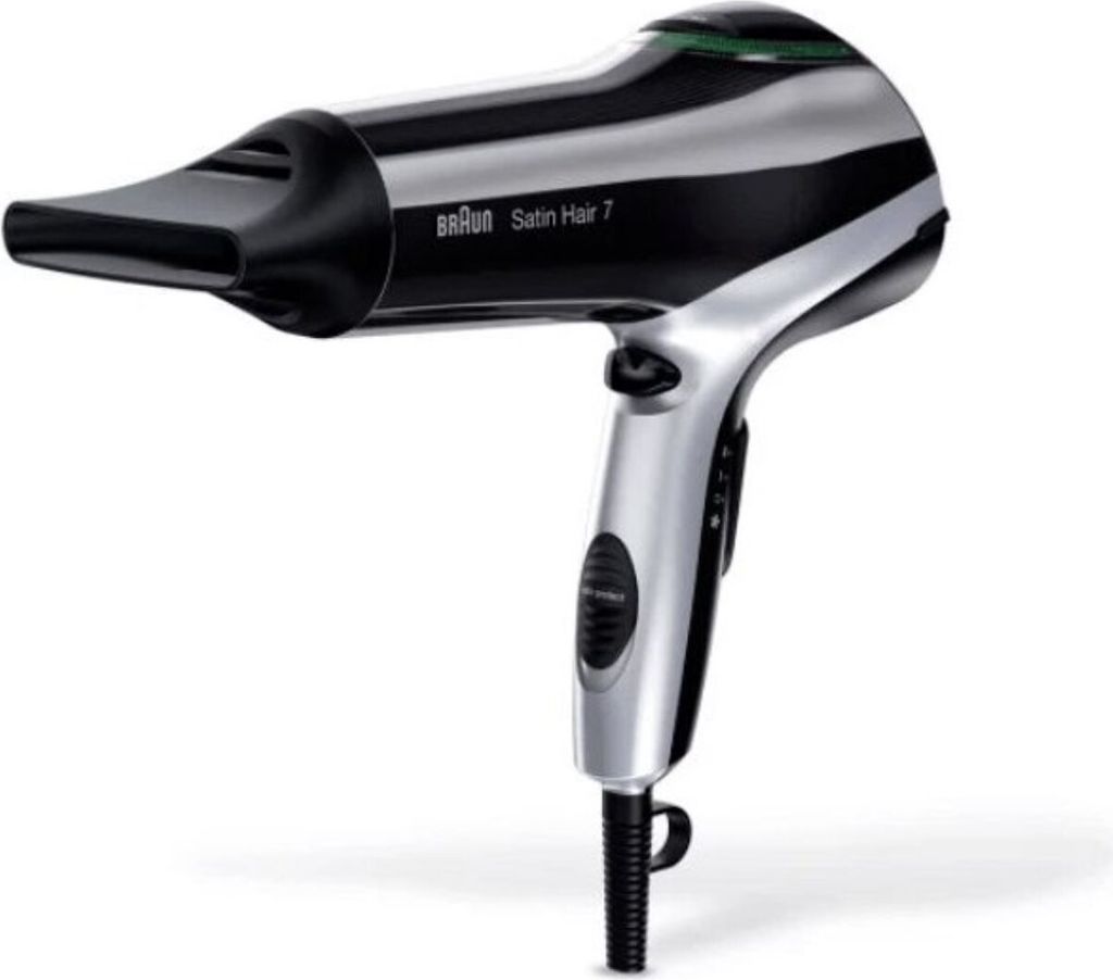 A professional studio shot of a black and silver Braun Satin Hair 7 hairdryer against a white background.