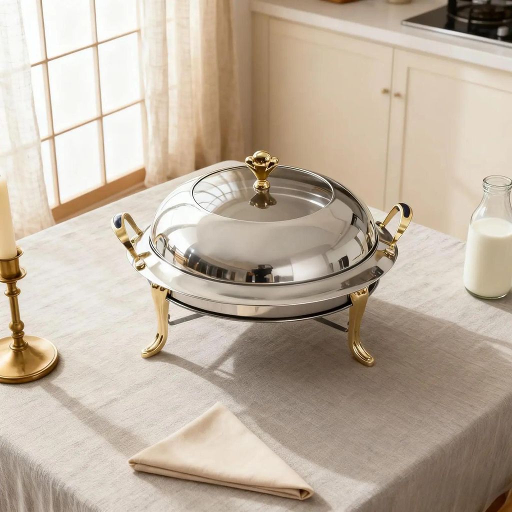 Buffetwärmer - Rundes Chafing Dish - 28 cm Durchmesser - Edelstahl - Mit Griffen - Goldfarben