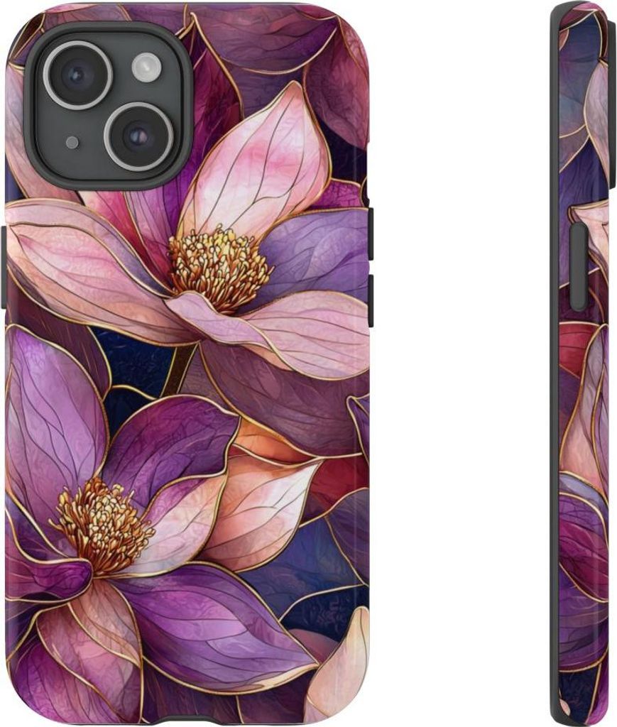 Lila Magnolien im Glasfenster-Stil – Hülle Kompatibel mit iPhone 15