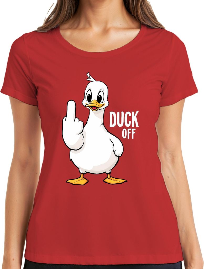DUCK OFF Lustige Ente Mittelfinger Frech Sarkastisch Statement Damen T-Shirt, Rot, S
