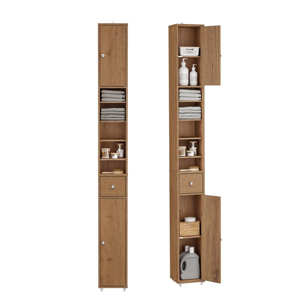 Two identical tall, narrow wooden cabinets are shown side-by-side against a white background. The cabinet on the right has its door open, revealing shelves and items inside.