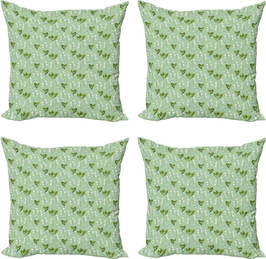 ABAKUHAUS Blumen Kissenbezug Set (4 Stück), Libellen und Campanulas, Moderner Doppelseitiger Digitaldruck, 45 cm x 45 cm, Hellgrün Blassblau