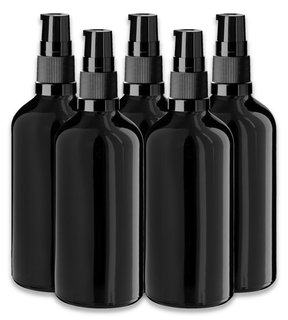 5x Schwarze Glasflasche 100 ml mit schwarzer Pumpe Produktbild 