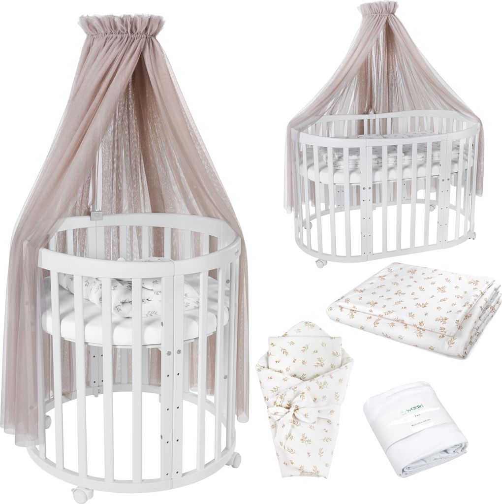 Mobiles Babybett OWAL aus Holz 7in1 mit Matratze, mitwachsend,Stoffe Taupe Zweige,Holz weiß