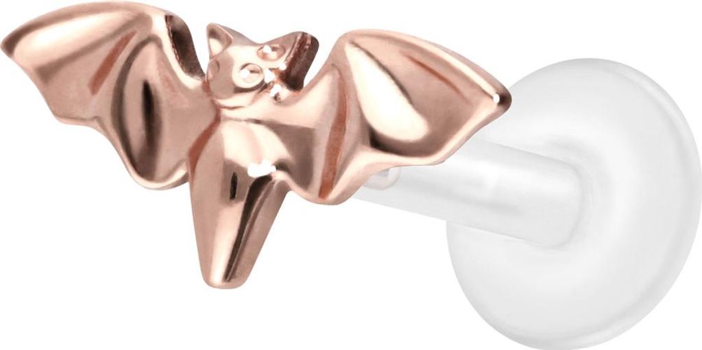 Ohrpiercing, Nasenpiercing PTFE Labret mit Innengewinde + Titan-Aufsatz FLEDERMAUS RoséGold Stablänge: 9mm | Stabstärke: 1,2mm