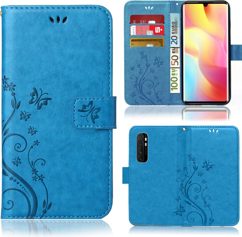 Handy Tasche für Xiaomi Mi Note 10 Lite Schutz Hülle Handyhülle mit Blumenmuster Klapp Hülle mit Standfunktion und Kartenfächer Blau