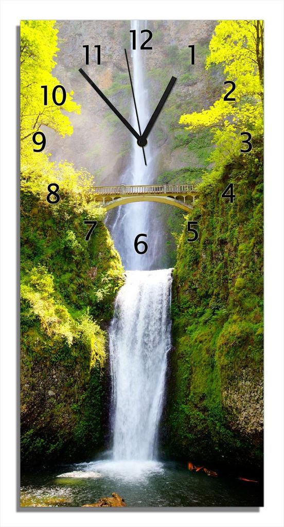 Wallario Design Wanduhr Brücke über dem Wasserfall aus Echtglas, Größe 30 x 60 cm