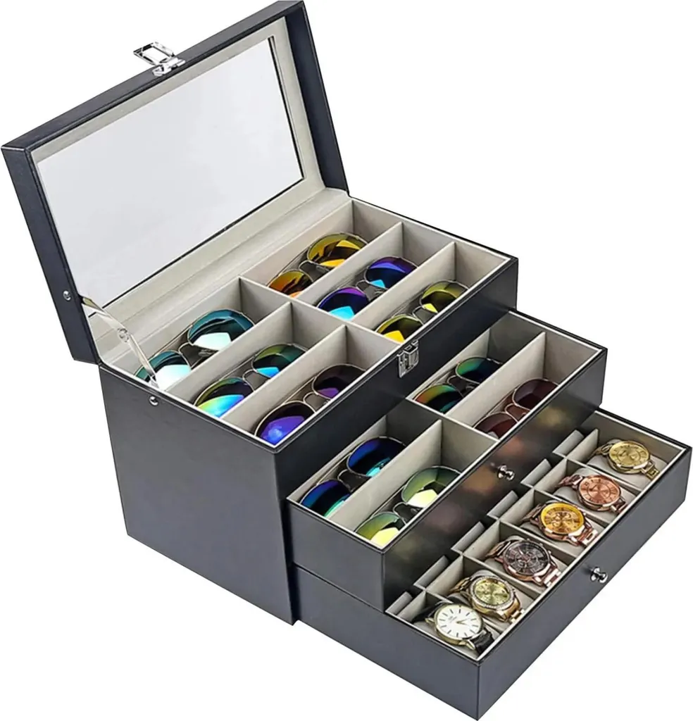 Coffret Lunettes 24 Compartiments 3 Étages Bois Noir - Rangement Top - 5