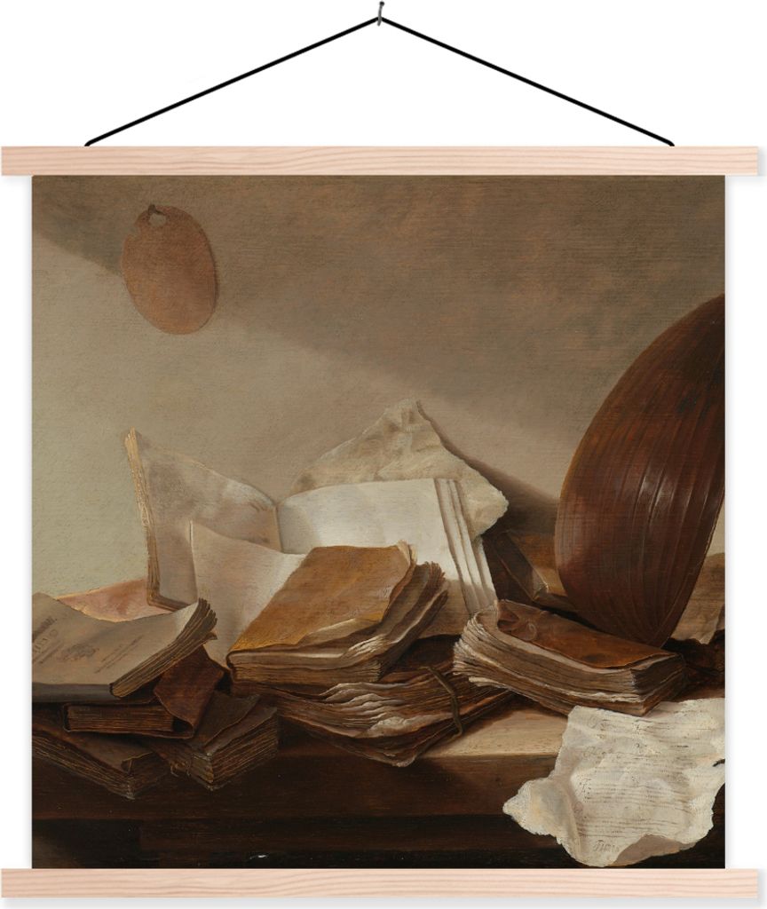 MuchoWow Textilposter Stilleben mit Büchern - Gemälde von Jan Davidsz. de Heem 120x120 cm mit holzfarbenen Rahmen - Textil-Poster