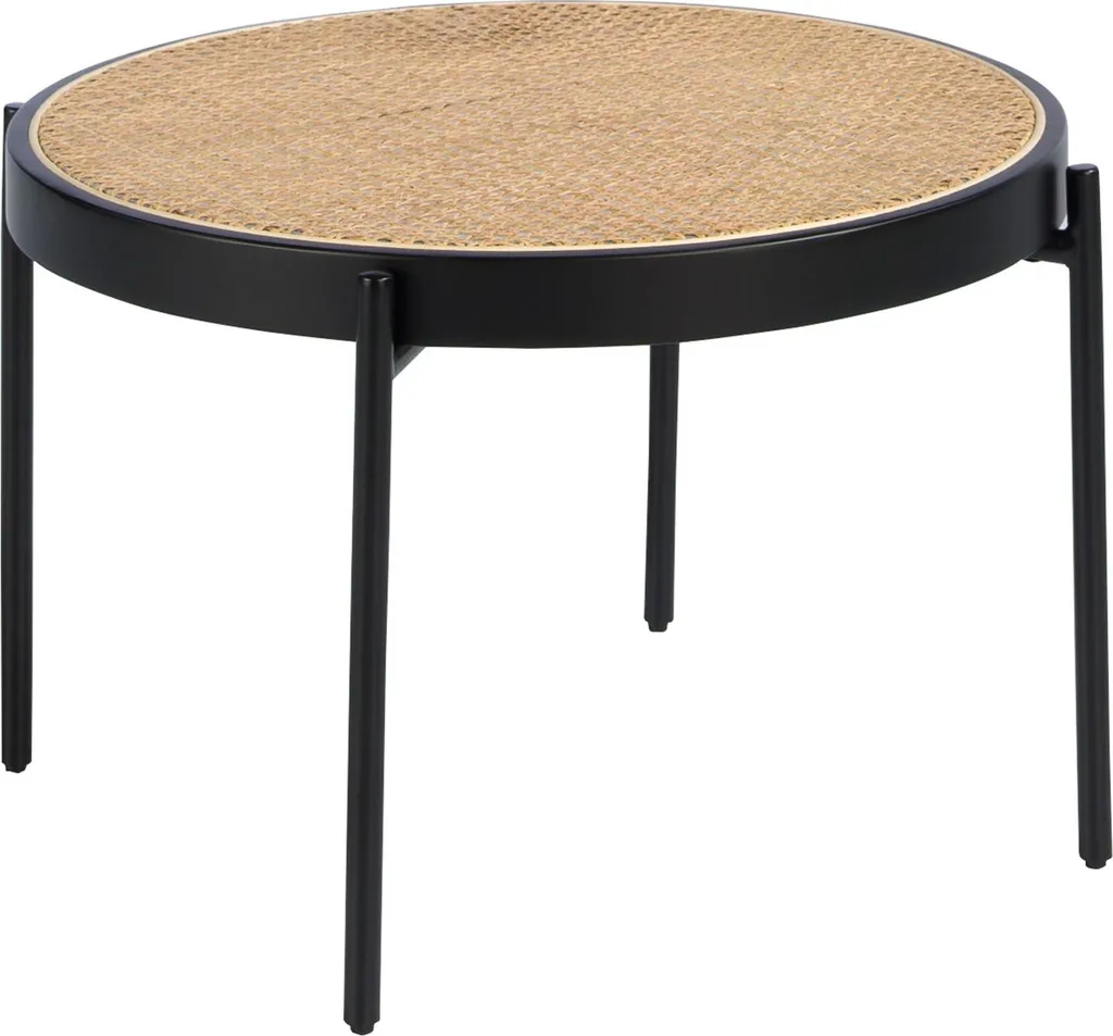 Table Basse Ronde Noire en Bois et Rotin pour Salon Contemporain Chic