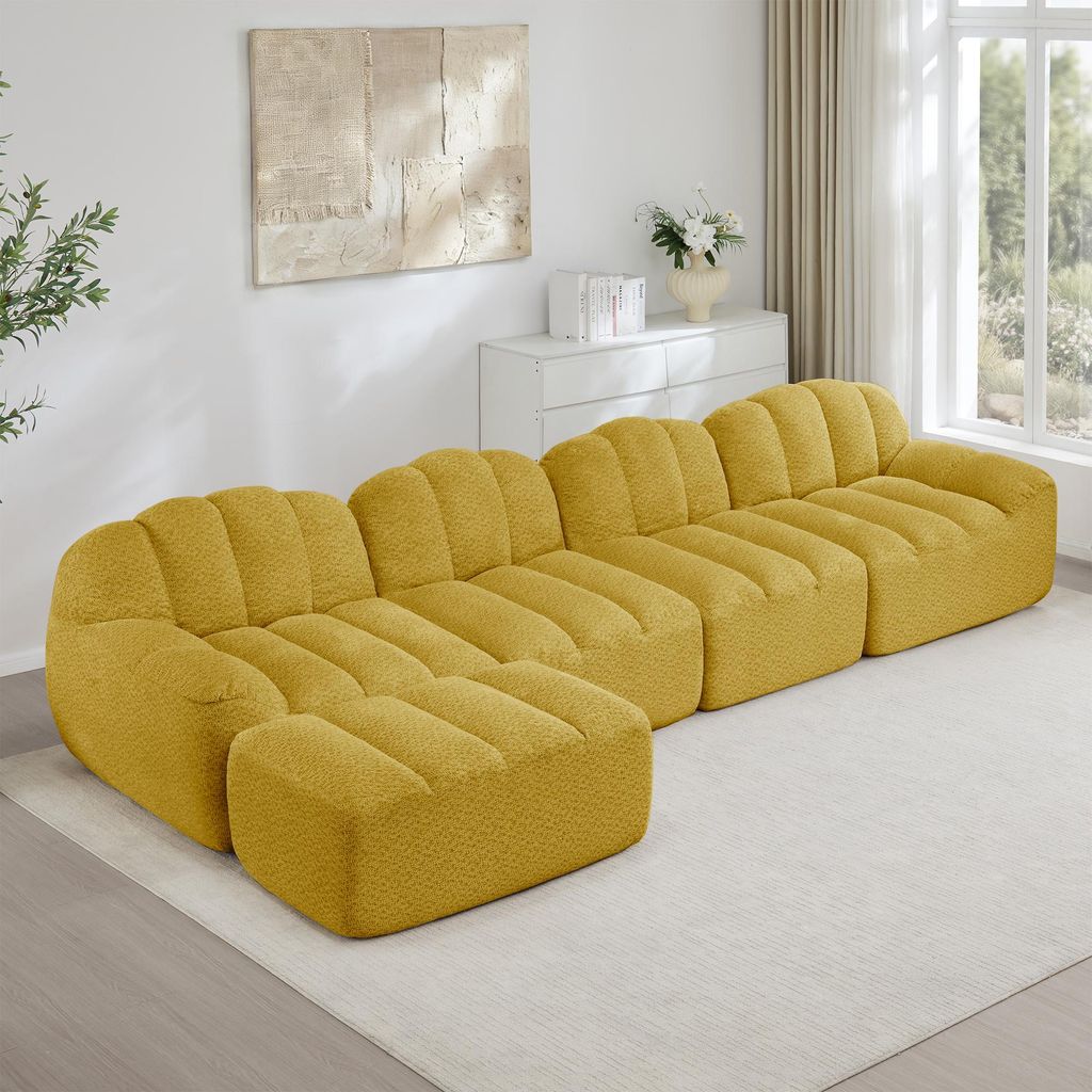 4-Sitzer Modulares Sofa mit 1 Ottomane, Muschelform, Boneless Design, 32D Hochdichtschaum, tiefe Sitzfläche, weicher Stoff, Wohnzimmer Couch