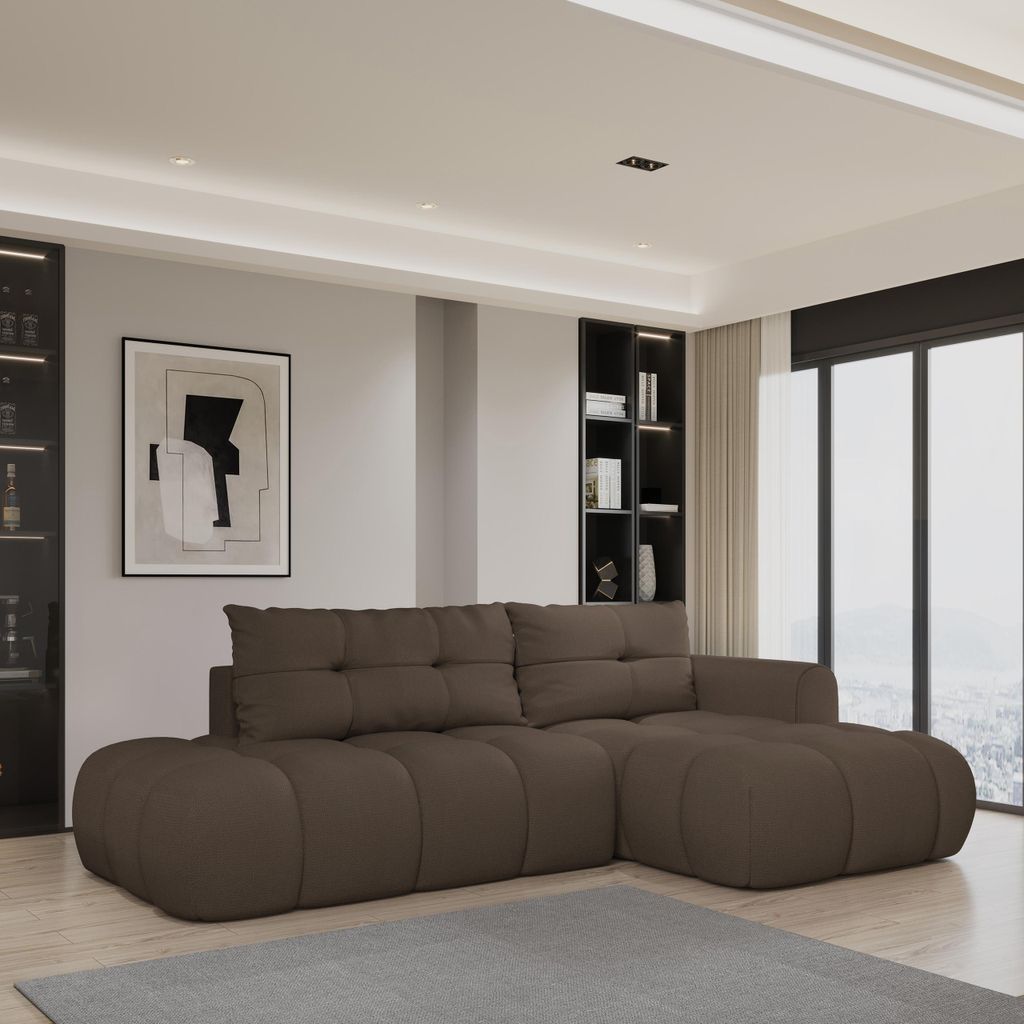 Masseno Ecksofa FLUMA R-S mit Schlaffunktion L-Form, Sofa mit Bettkasten, Wohnzimmersofa, Couch, Soffa, Bettsofa, Couchgarnitur- Braun, SORO 28