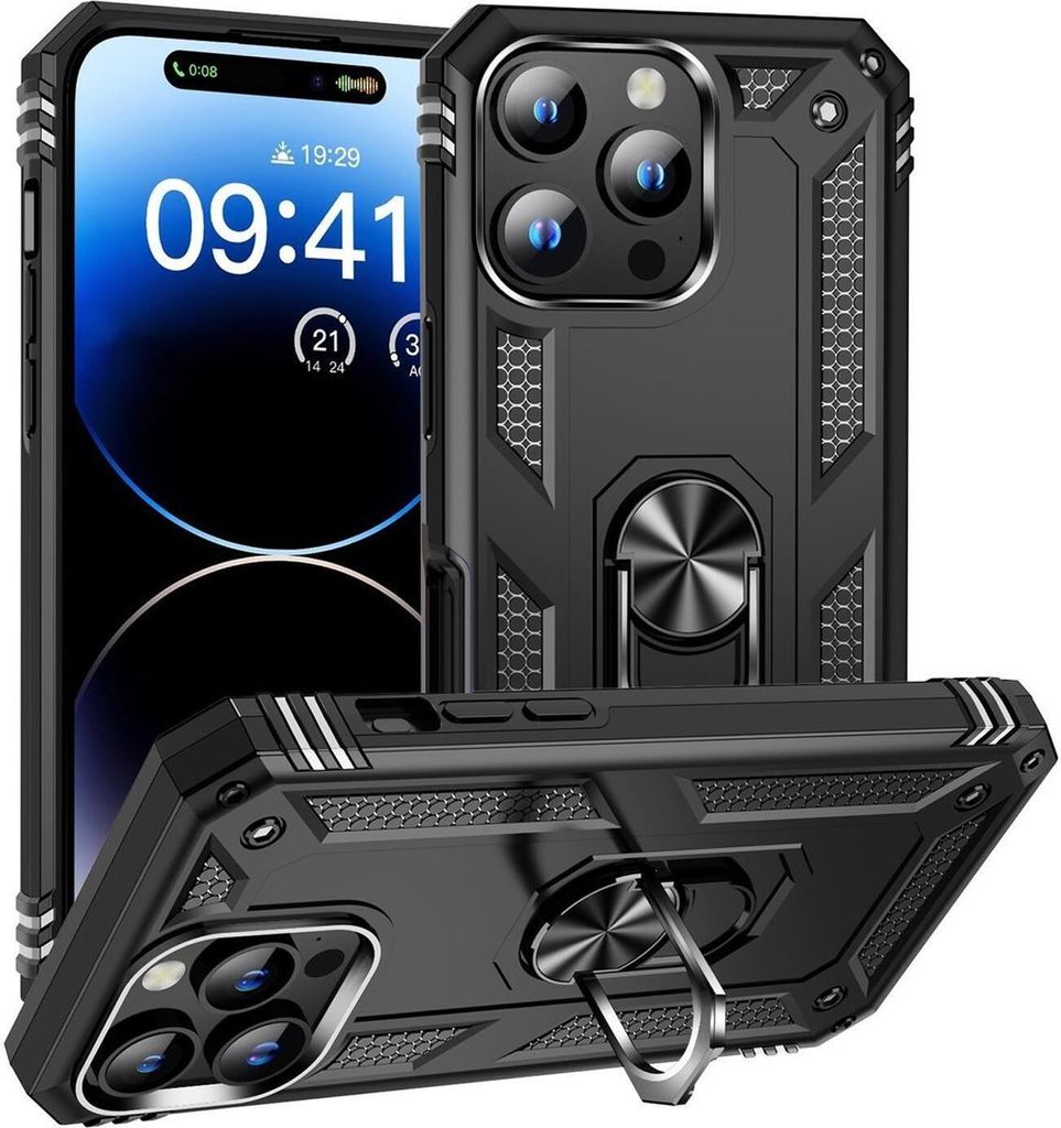 Conie Outdoor Schutzhülle für iPhone 16 Pro Tasche Silikon Hard Case Cover Hülle mit Halter Ständer in Schwarz