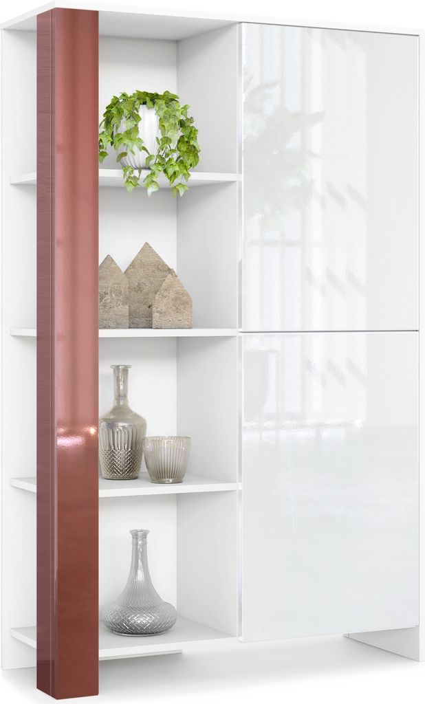 Vladon Highboard Canto, Germany, hoher Schrank mit 2 Türen und 8 Fächern, Korpus Weiß matt, Fronten Weiß Hochglanz, Nachbildung-Paneele Bordeau...