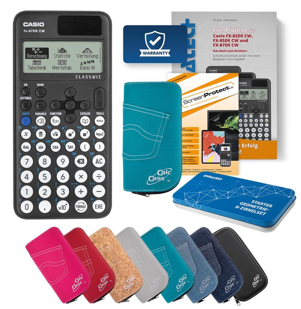 Casio FX-87 DE CW Taschenrechner mit Tasche türkis, Schutzfolie, Buch & Zirkel Set