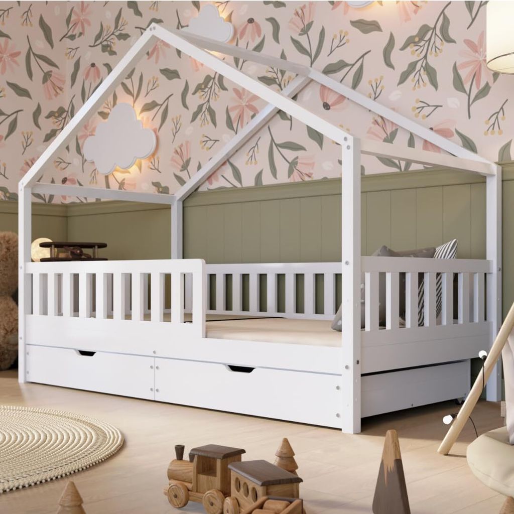 Crazy Pine Hausbett mit Schubladen 100x200 cm – Kinderbett aus Naturholz in Weiß – Bodenbett mit Stauraum und Abnehmbarer Barriere - Crazy House