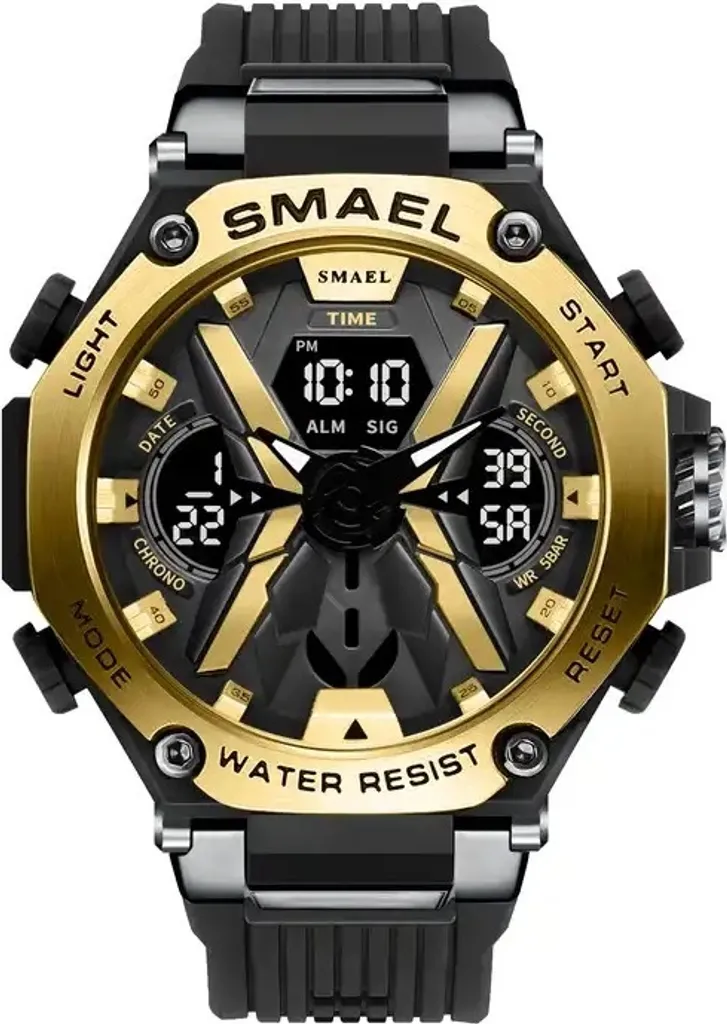 Montre de Sport Étanche SMAEL Pedro KP29444 Noir et Or Résistante