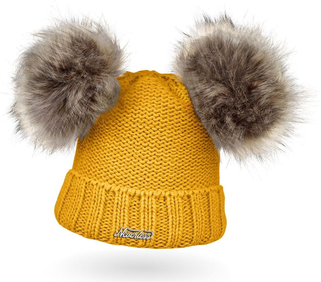 Warme Strickmütze Damen Wintermütze Bommelmütze gefüttert mit Bommel Neverless senfgelb