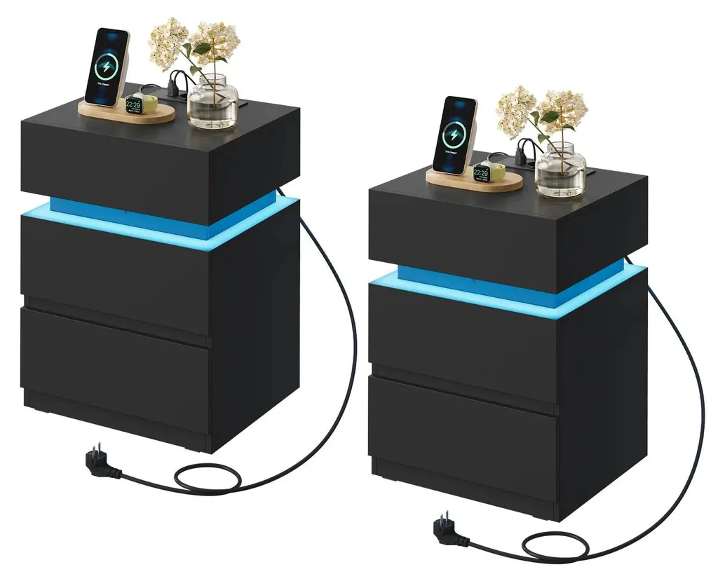Tables de chevet lot de 2 avec prises USB pour charger sans câbles noirs