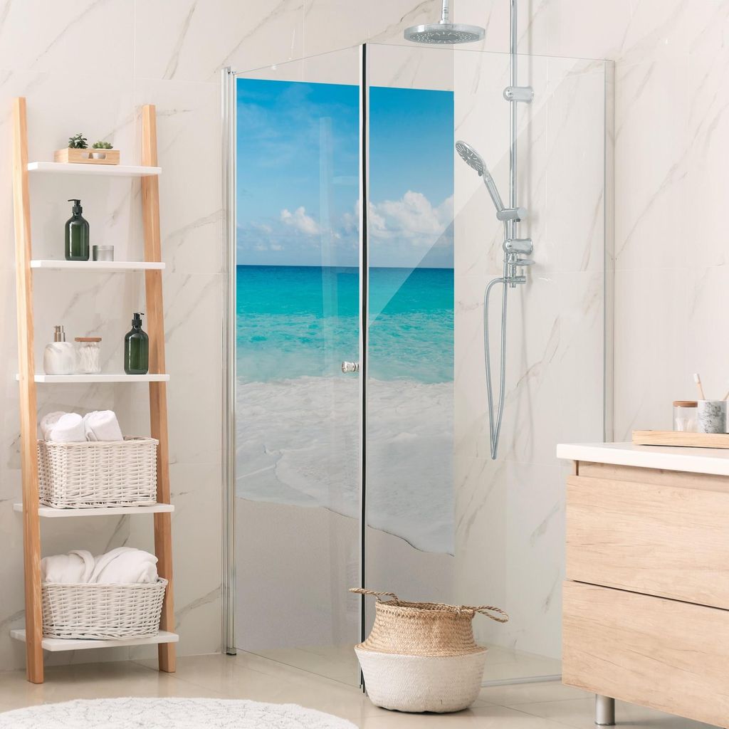 Duschrückwand Strand selbstklebend - 0.35 mm Wandpaneel wasserfest Karibik türkis Tropisch Badrückwand fugenlos Smart matt 100x210 cm