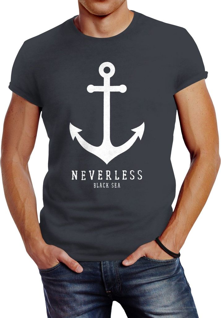 Herren T-Shirt Anker Nautical Sailor Segeln Slim Fit Neverless dunkelgrau S