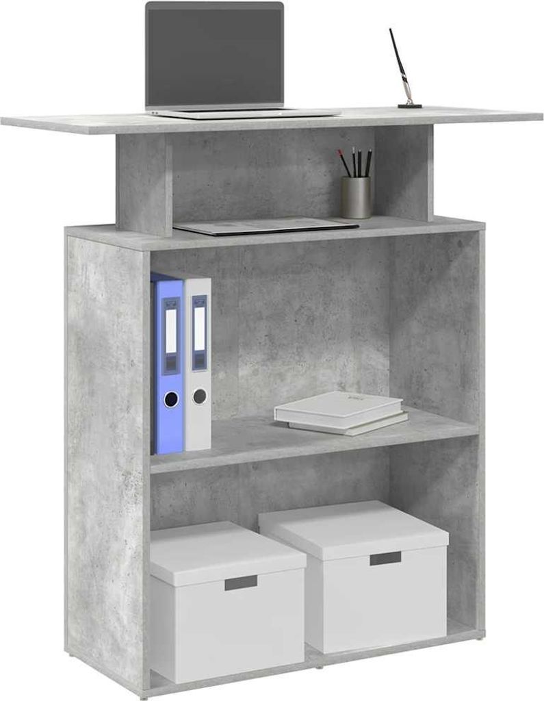 A desk with a laptop and storage shelves.