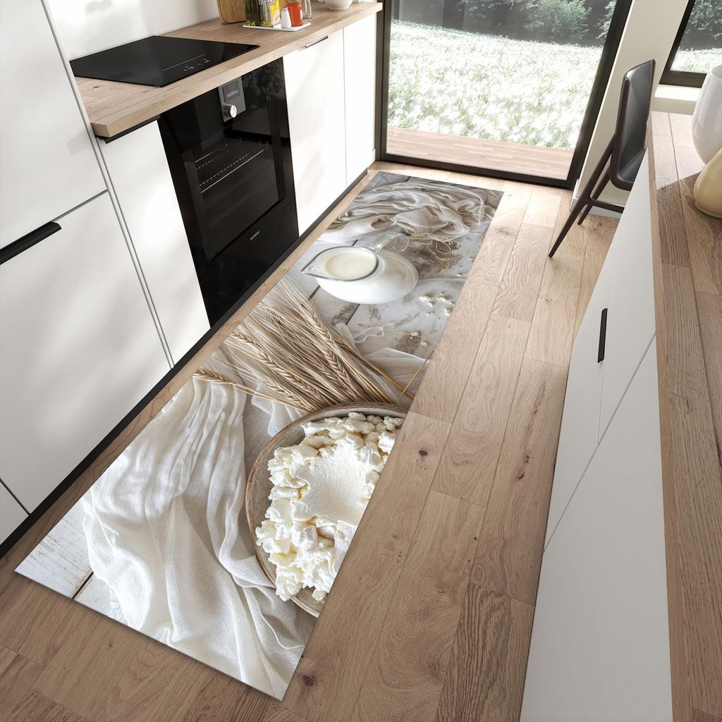 Küchenteppich 80x280cm rutschfest & abwischbar PVC Läufer - Ziegenkäse Schale