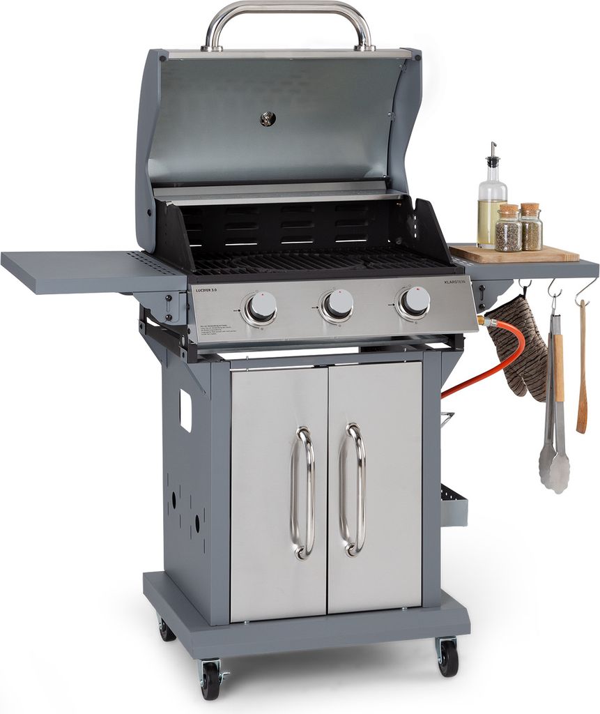 Klarstein Gasgrill für Camping Balkon Garten, Grill mit 3 Brenner, 10800W Edelstahl-Gasgrill, Outdoor Gasgrill mit Seitentischen, Gas Grill für P...