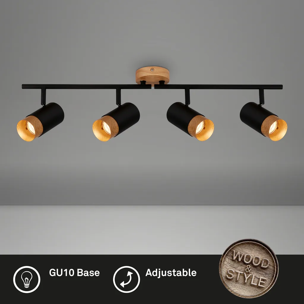 Rampe de 4 spots orientables design industriel bois et métal sombre