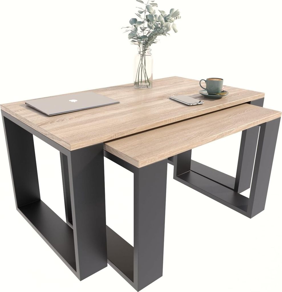 MATKAM Satztisch 2er Set WESTA, Couchtisch im Industrie-Stil, einfache Montage (Sonoma Eiche)