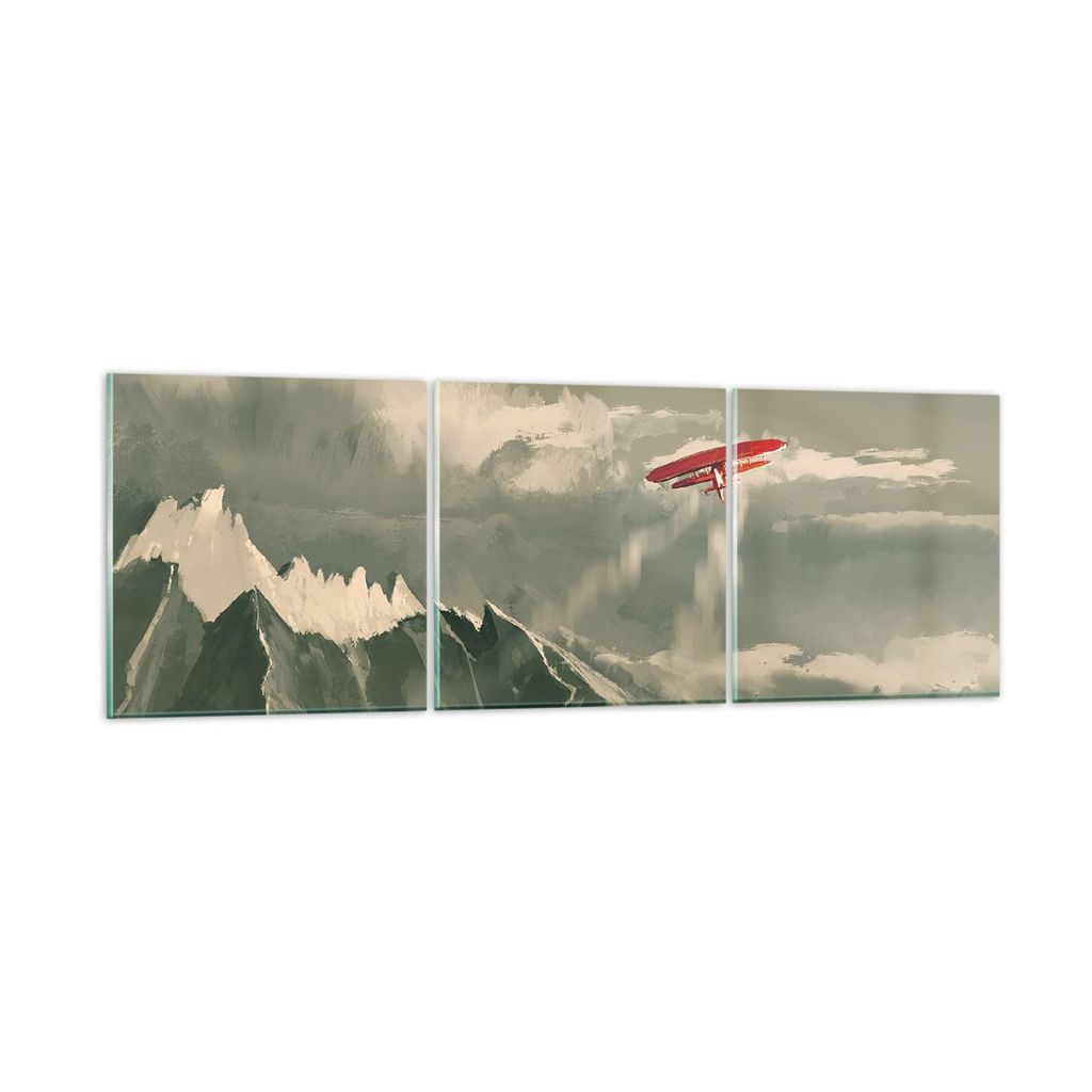 Bilder auf glas - 3 Teile - Rot Flugzeug Berge - 120x40cm - Glasbilder - Wandbilder - Bilder - zum Aufhängen bereit - Wanddekoration aus Glas - Gl...