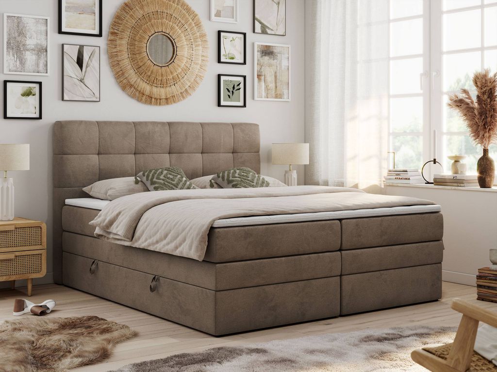 Boxspringbett mit Kopfteil und Topper, Polsterbett - LUKA-KING - 200x200cm - Braun - H3