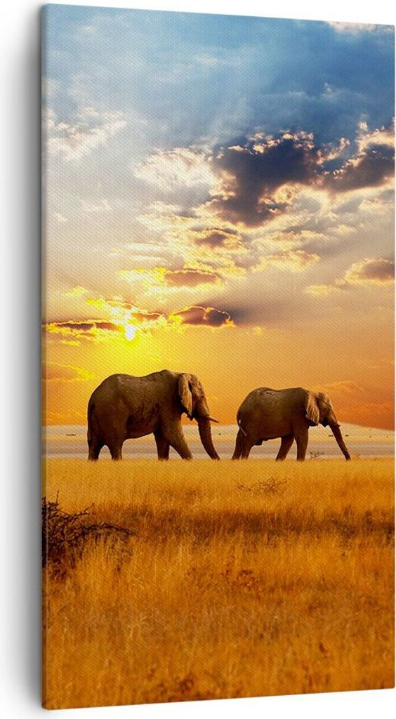 Bild auf Leinwand - Leinwandbild - Elefanten Safari Dschungel Busch - 45x80cm - Wand Bild - Wanddeko - Leinwanddruck - Bilder - Kunstdruck - Wandde...